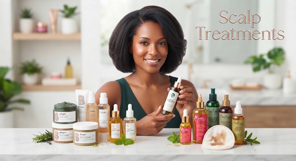 Woman with healthy, wavy hair holding a bottle of scalp treatment serum, surrounded by various hair care products on a counter in a bright bathroom.
