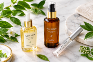 High-potency serums for face, hair, and lashes displayed on a marble surface.
