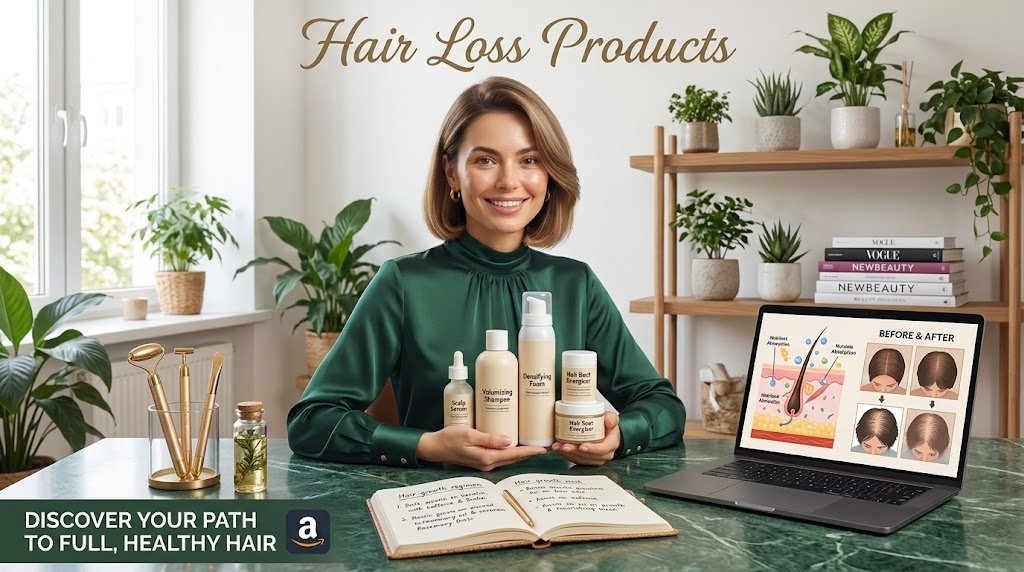 Professional hair loss products and growth treatment collection including scalp serum, volumizing shampoo, densifying foam, hair root energizer, and hair spa cream displayed with a laptop showing before-and-after hair results.