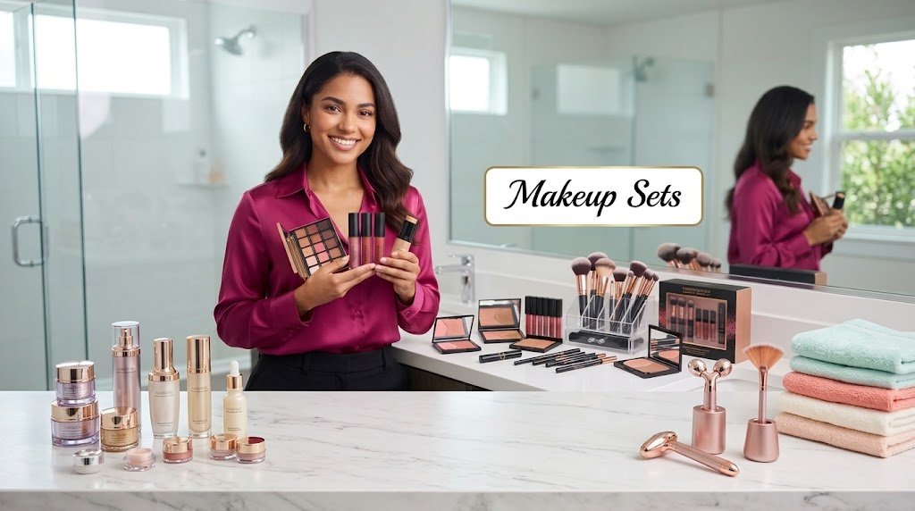 Professional makeup sets collection featuring eyeshadow palettes, liquid lipsticks, foundation, luxury brush sets, skincare bottles, and facial beauty tools displayed on a clean countertop.