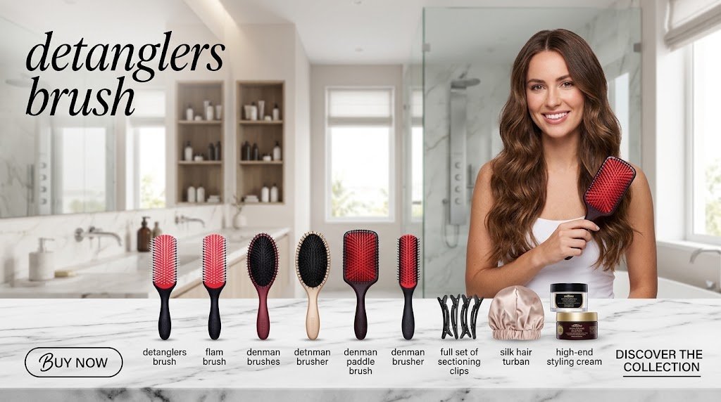 Professional hair detanglers brush collection set including detanglers brush, flam brush, denman brushes, denman paddle brush, sectioning clips, silk hair turban, and high-end styling cream displayed on a clean countertop.