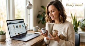 Smart woman browsing and selecting body mud treatments on Amazon