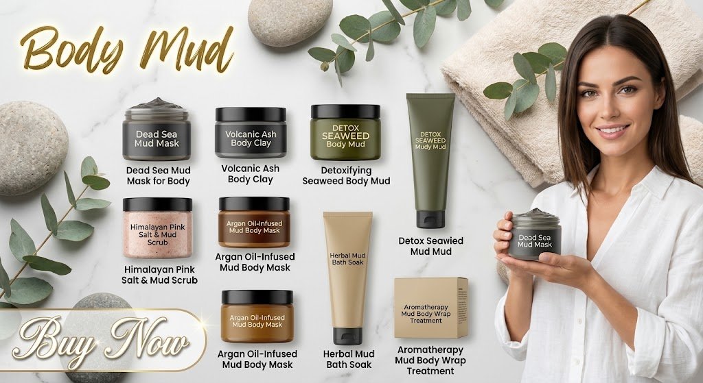 Professional body mud collection set including Dead Sea Mud Mask, Volcanic Ash Body Clay, Detoxifying Seaweed Body Mud, Himalayan Pink Salt & Mud Scrub, Argan Oil-Infused Mud Body Mask, Herbal Mud Bath Soak, and Aromatherapy Mud Body Wrap Treatment displayed in a spa-like setting.