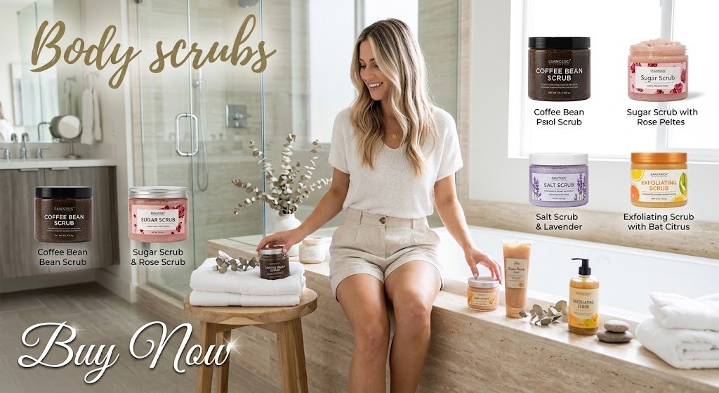 Professional body scrubs collection set including coffee bean scrub, sugar scrub with rose petals, salt scrub with lavender, and exfoliating scrub displayed in a spa-like bathroom setting.