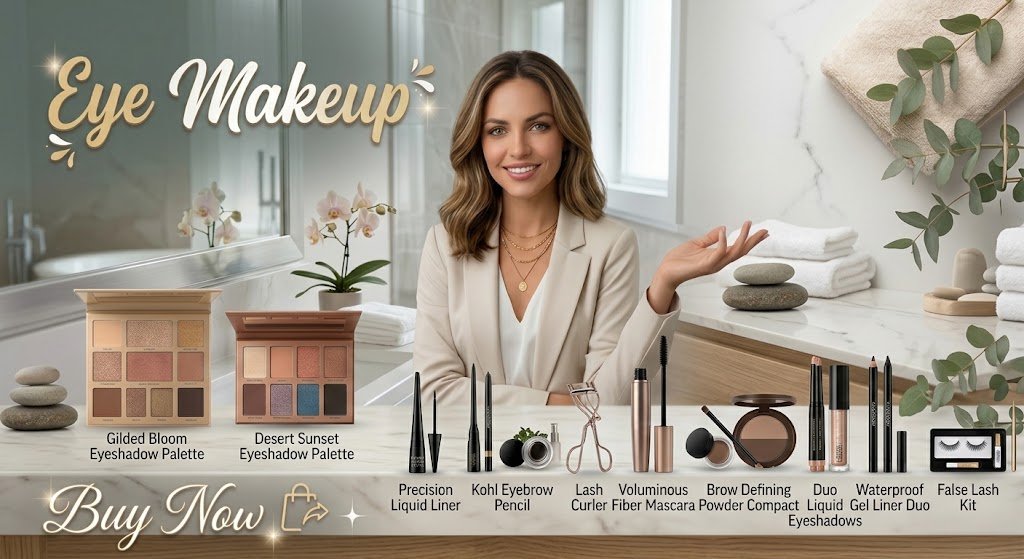 Professional eye makeup essentials collection including Gilded Bloom Eyeshadow Palette, Desert Sunset Eyeshadow Palette, Precision Liquid Liner, Kohl Eyebrow Pencil, Lash Curler, Voluminous Fiber Mascara, Brow Defining Powder Compact, Duo Liquid Eyeshadows, Waterproof Gel Liner Duo, and False Lash Kit displayed on a clean countertop.