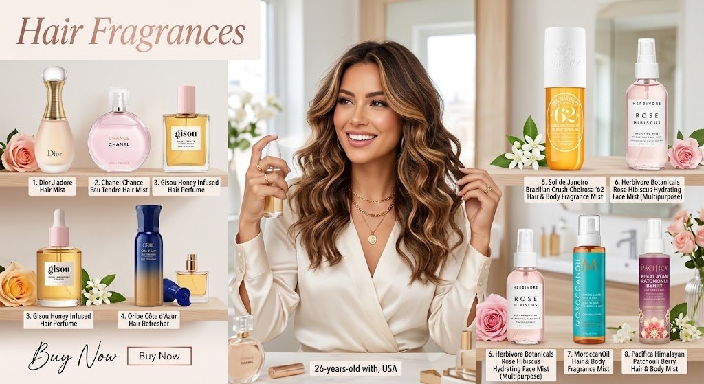 Professional hair fragrances and perfume mists collection including Dior J'adore Hair Mist, Chanel Chance Eau Tendre, Gisou Honey Infused Hair Perfume, Oribe Côte d'Azur Hair Refresher, Sol de Janeiro Brazilian Crush Cheirosa '62, Herbivore Botanicals Rose Hibiscus Mist, Moroccanoil Hair & Body Fragrance Mist, and Pacifica Himalayan Patchouli Berry Mist displayed on shelves.