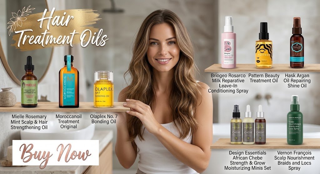 Professional hair treatment oils and scalp care essentials collection including Mielle Rosemary Mint Strengthening Oil, Moroccanoil Treatment Original, Olaplex No. 7 Bonding Oil, Briogeo Leave-In Conditioning Spray, Pattern Beauty Treatment Oil, Hask Argan Oil, Design Essentials Chebe Set, and Vernon François Scalp Nourishment Spray displayed on shelves.