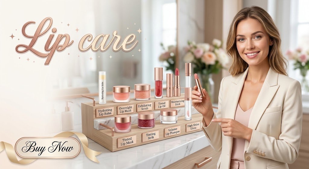 Professional lip care essentials set including hydrating lip balm, overnight lip mask, exfoliating scrub, tinted lip oil, and plumper displayed on an organizer stand.