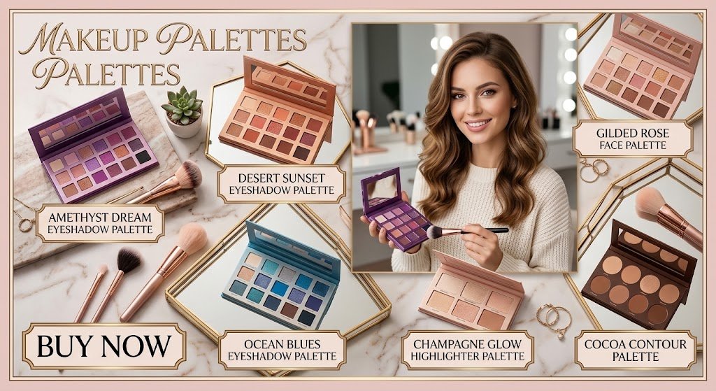 Professional makeup palettes collection including Amethyst Dream Eyeshadow Palette, Desert Sunset Eyeshadow Palette, Ocean Blues Eyeshadow Palette, Gilded Rose Face Palette, Champagne Glow Highlighter Palette, and Cocoa Contour Palette displayed with makeup brushes.
