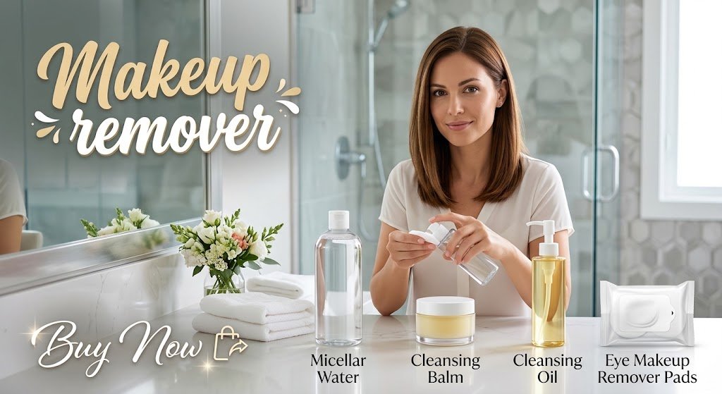 Professional makeup remover essentials set including micellar water, cleansing balm, cleansing oil, and eye makeup remover pads displayed on a clean countertop.