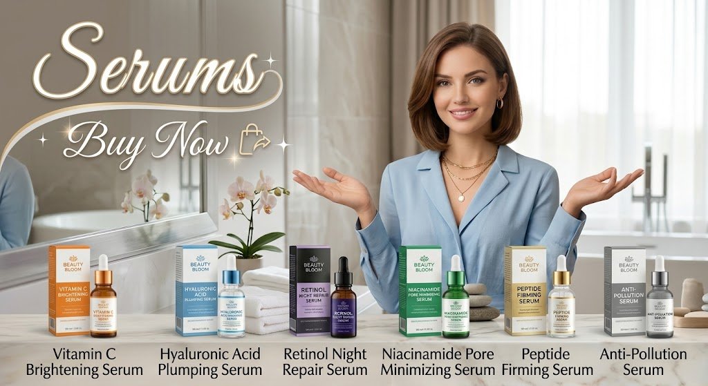 Professional facial serums collection including Vitamin C Brightening Serum, Hyaluronic Acid Plumping Serum, Retinol Night Repair Serum, Niacinamide Pore Minimizing Serum, Peptide Firming Serum, and Anti-Pollution Serum displayed on a clean countertop.