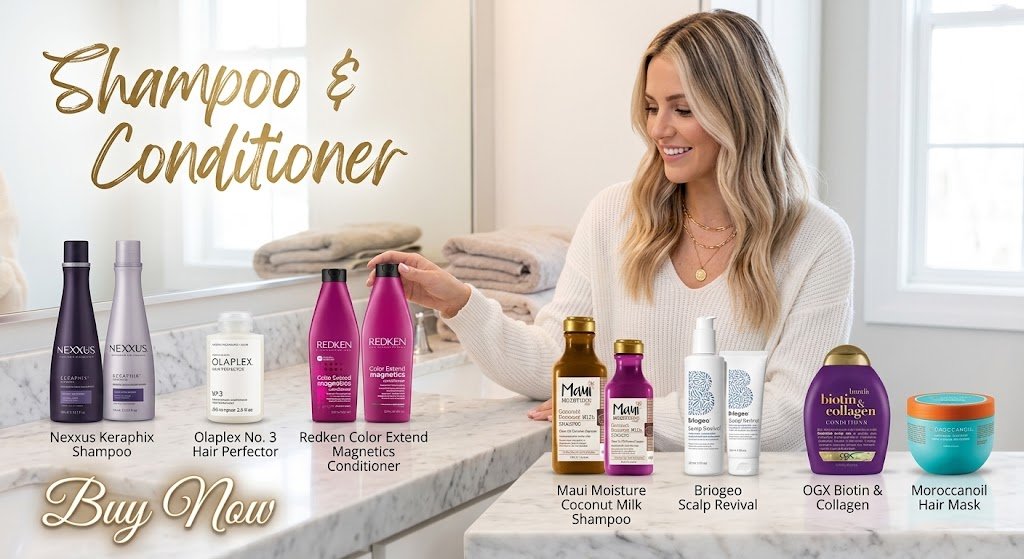 Professional hair care essentials set including Nexxus Keraphix Shampoo, Olaplex No. 3 Hair Perfector, Redken Color Extend Magnetics Conditioner, Maui Moisture Coconut Milk Shampoo, Briogeo Scalp Revival, OGX Biotin & Collagen, and Moroccanoil Hair Mask displayed on a clean countertop.