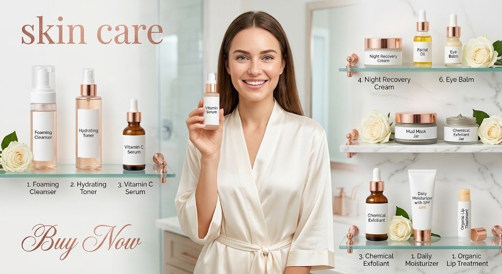 Professional skin care essentials set including foaming cleanser, hydrating toner, vitamin c serum, night recovery cream, facial oil, eye balm, mud mask, chemical exfoliant, daily moisturizer with SPF, and organic lip treatment displayed on shelves.