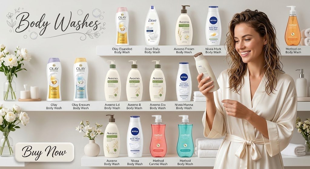 Professional body washes collection set featuring top brands including Olay, Dove, Aveeno, Nivea, and Method displayed on clean shelves in a luxury bathroom setting.