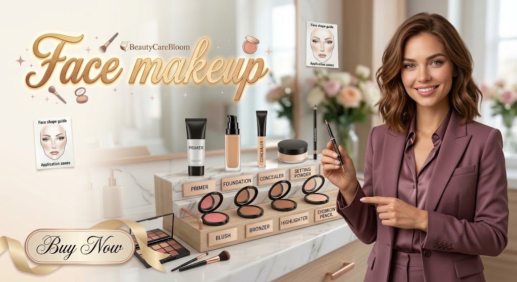 Professional face makeup essentials set including primer, foundation, concealer, setting powder, blush, bronzer, highlighter, and eyebrow pencil displayed on an organizer stand.