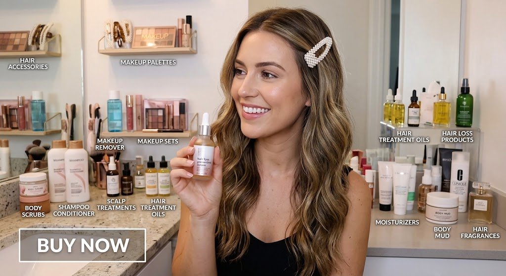 Hair accessories styling guide featuring a 26-year-old woman displaying various hair care and beauty products with a Buy Now button.