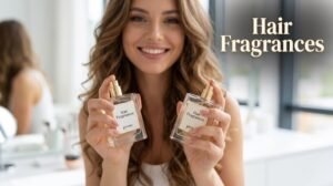 A stylish European woman in her mid-20s applying a luxury hair fragrance mist in a bright modern room, representing the ultimate hair care guide.
